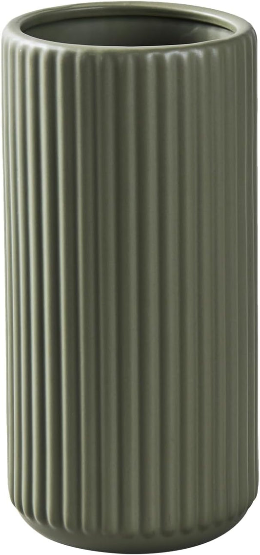Green Ceramic Flower Vase for Pampas Grass, 10 inch Large Decorative Centerpiece Ribbed Vase for Dining Table, Office Desktop, Shelf Bookshelf, Mantel, Entryway, Bathroom, Countertop, Farmhouse, Gift