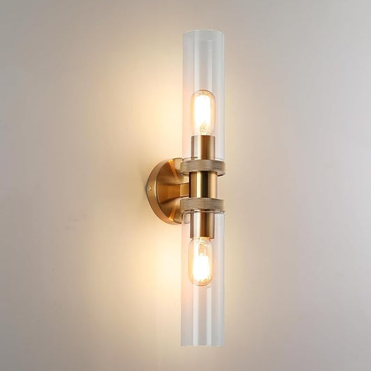 E26 Brushed Brass 2 Light Vanity Lights, Farmhouse Gold Modern Bathroom Wall Lamps with Glass Shade