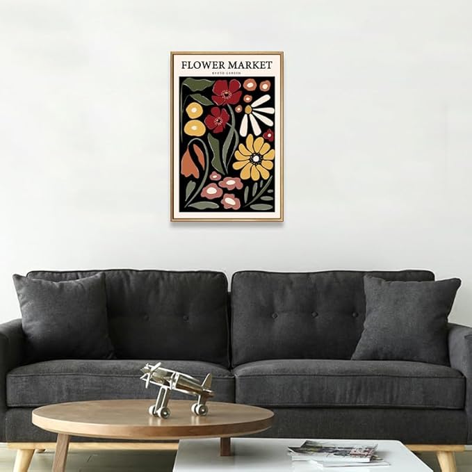 Gufro Framed Red & Yellow Flower Market Canvas Wall Art,Flower Wall Art, Flower Poster Vintage for Living Room Bedroom office Decoration-12''x16''Natural Framed