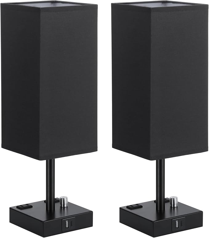 Black Fully Dimmable Nightstand Lamps Set of 2 - Table Bedside Lamp with USB C+A Charging Ports & 2 AC Outlets, Square Lamp Sets Linen Fabric Shade for Bedroom Living Room(Bulb Included)