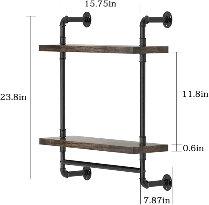 Helsin Industrial Pipe Floating Bathroom Shelves Wall Mounted with Towel bar, 2 Tier Rustic Wood Wall Shelf, 16inch Metal Towel Rack Storage Bookshelf for Bathroom, Kitchen, Farmhouse, Living Room