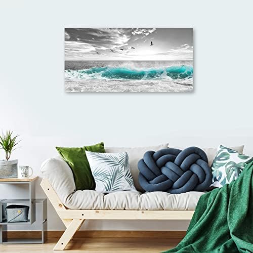 Large Ocean Canvas Wall Art for Living Room Wall Decor Teal Sea Wave Canvas Prints Artwork Seagull Birds Canvas Pictures for Bedroom Home Office Wall Decorations Ready to Hang 20" X 40"