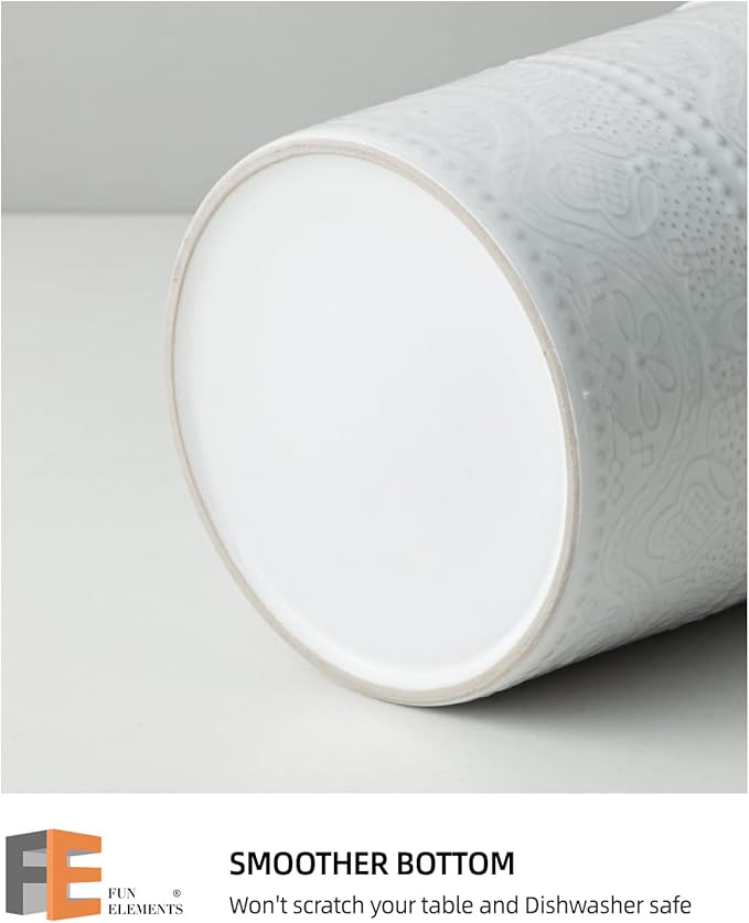 FUN ELEMENTS Kitchen Utensil Holder, 7.2" Super Large Utensil Crock Heavy and Stable Lace Emboss Ceramic Utensil Holder for Kitchen Counter (Bright White)