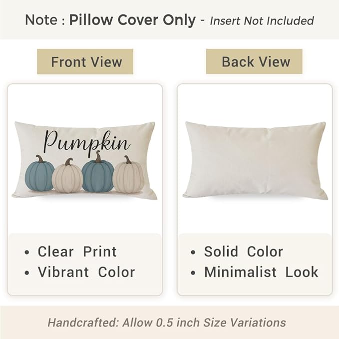 PANDICORN Fall Throw Pillow Covers 12x20, Dusty Blue Pumpkin Decorations for Home Decor, Outdoor Thanksgiving Autumn Lumbar Decorative Cushion Case for Living Room Bedroom Sofa Couch Porch