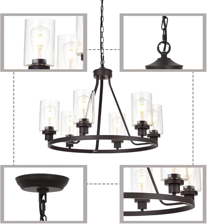 MELUCEE 6-Light Glass Chandelier Farmhouse Lighting, Kitchen Island Lighting Dining Room Light Fixtures Hanging Glass Pendant Light Oil Rubbed Bronze Finished