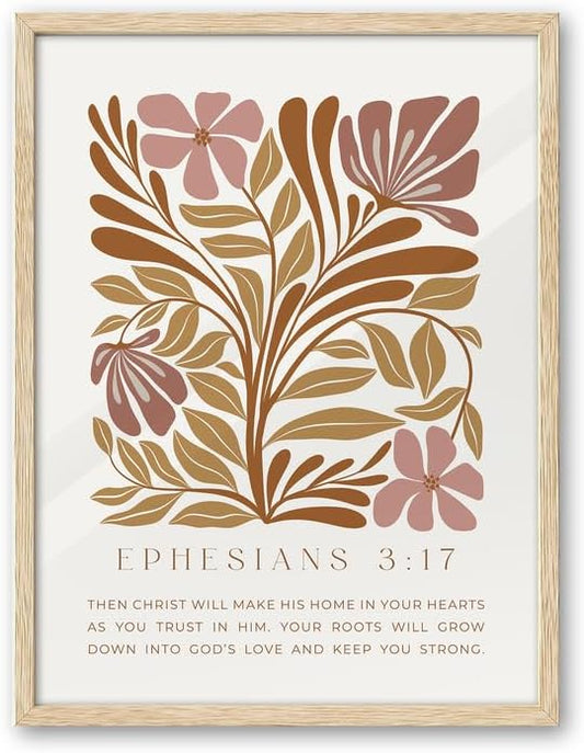 EcoHest Bible Verse Floral Framed Wall Art, Large 16x20 in OAK Wood Abstract Flowers Canvas Wall Art, Ephesians 3:17 Home Decor, Beige Logs Boho Christ Set of 1 for Bedroom Living Room