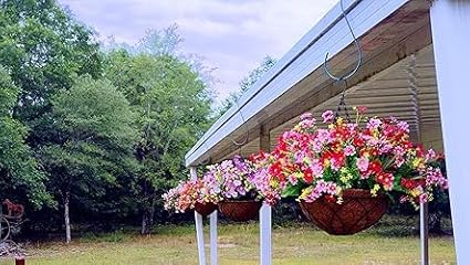 Artificial Faux Hanging Plants Flowers Basket for Spring, Red Daisy Flowers Eucalyptus UV Resistant Look Real for Outdoor Outside Porch Decoration