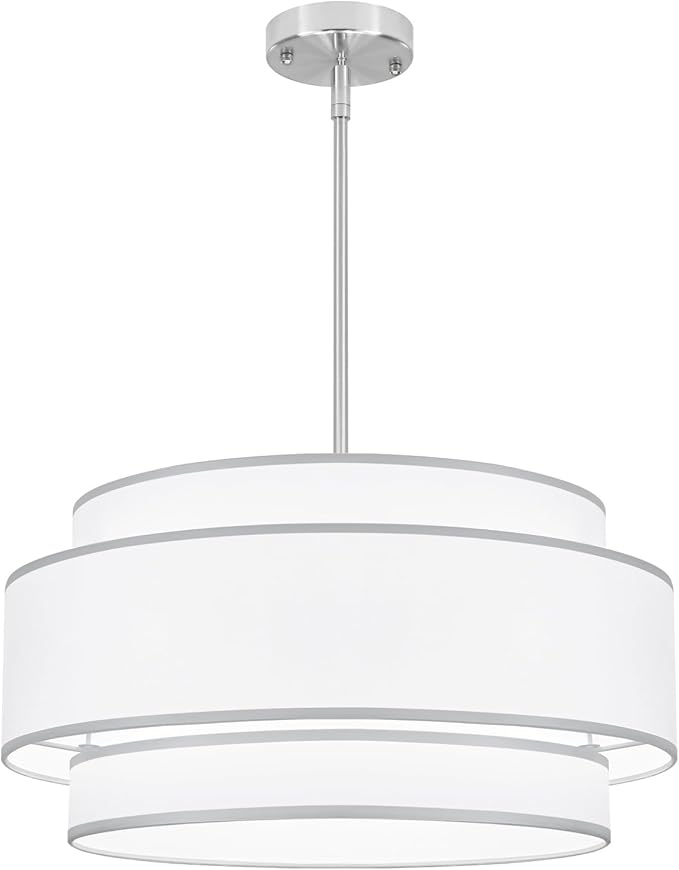 19.7''Drum Chandelier Dining Room Light Fixtures,3-Tier Modern White Fabric Brushed Nickel Pendant Lights,6-Light Kitchen Island Lighting Farmhouse Chandeliers for Living Room Foyer Staircase