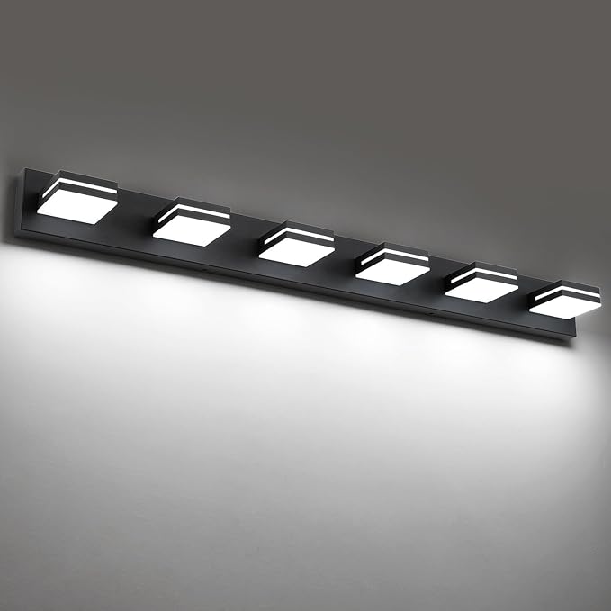 SineRise LED Modern Bathroom Vanity Light Fixtures (6-Light, 48-Inch), Matte Black Modern Acrylic Bathroom Wall Lighting Fixtures Over Mirror (Cool White 6000K)