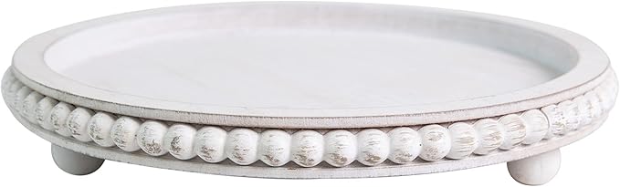 HPC Decor 12in Round Wood Tray - White, Distressed, Farmhouse Rustic - Decorative Tray for Living Room, Coffee Table, Kitchen Table or Farmhouse Serving Tray
