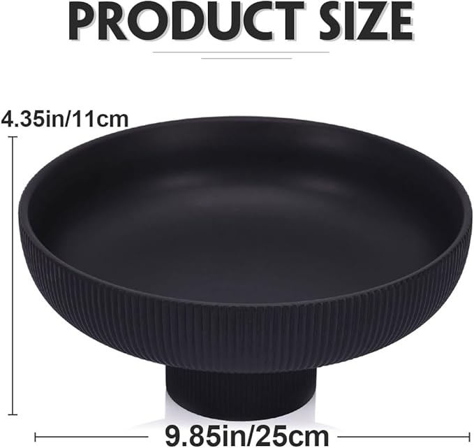 Modern Large Black Decorative Bowl - Ribbed Black Fluted Pedestal Bowl , Multi-Functional Fruit Bowl, Key Bowl, Candy Dish, Ideal for Entryway Table, Kitchen Counter, Living Room, Coffee Table Decor