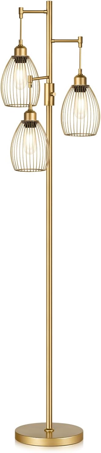 Dimmable Industrial Floor Lamps for Living Room, Gold Tree Standing Tall Lamps with 3 Elegant Teardrop Cage Head & 800 Lumens LED Bulbs for Bedroom Office