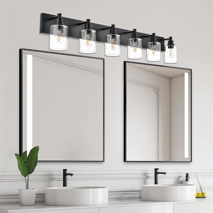 Black Bathroom Light Fixtures Over Mirror, Modern 5-Lights Wall Sconce Lighting with Clear Glass Shade for Vanity Living Room (E26 Bulb Base)