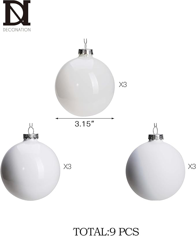 DN DECONATION White Glass Christmas Ornaments, Set of 9, 3' Hanging Christmas Baubles for Xmas Tree Decoration, Wedding Party Gift
