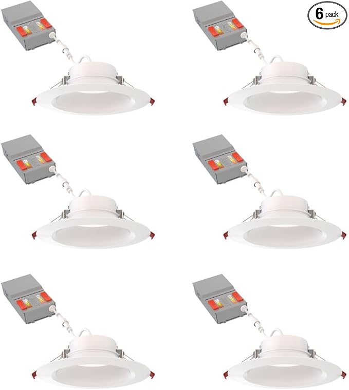 Juno LED Recessed Lights 6 Inch Round Wafer Downlight, 5-in-1 Switchable White Color Temperature, Adjustable Brightness, Deep Regressed Smooth Trim, 6-Inch, Matte White, 6-Pack