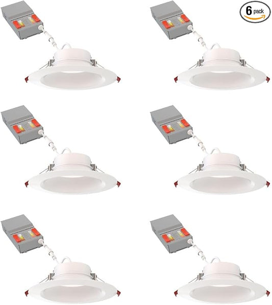 Juno LED Recessed Lights 6 Inch Round Wafer Downlight, 5-in-1 Switchable White Color Temperature, Adjustable Brightness, Deep Regressed Smooth Trim, 6-Inch, Matte White, 6-Pack