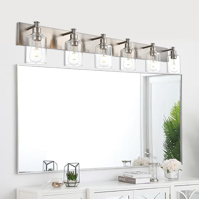 6-Lights Bathroom Light Fixtures in Brushed Nickel, Modern Vanity Lights with Clear Glass Shades, Wall Sconce Lighting Over Mirror