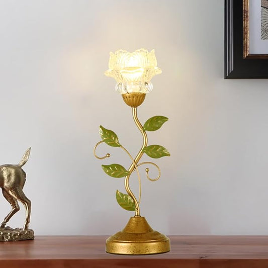 Glass Table Lamp, Antique Flower Decorative Bedside Desk Lamp with Green Leaf, Small Retro Decorative Lamp for Bedroom Living Room Bronze Finish
