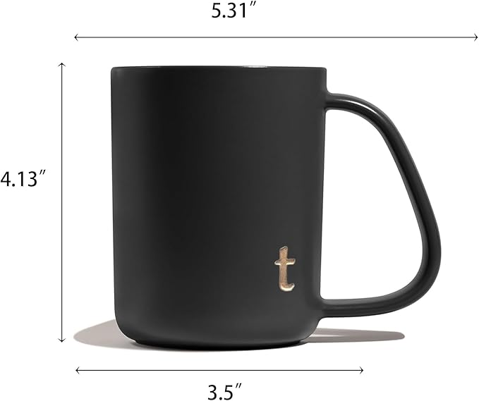 COLLECTIVE HOME - Ergonomic Handle Ceramic Mug, 15 oz Personalized Coffee Cup with Golden Initial, Microwave & Dishwasher Safe, Elegant Monogram Tea Mug in Gift Box for Home & Office (Black-t)