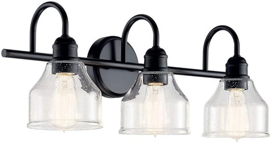 KICHLER Avery 24" 3-Light Bathroom Vanity Light in Black with Clear Seeded Glass for Bathroom and Powder Room Vanity, Industrial Styling, (24" W x 9.5" H x 8.25" Ext.), 45973BK