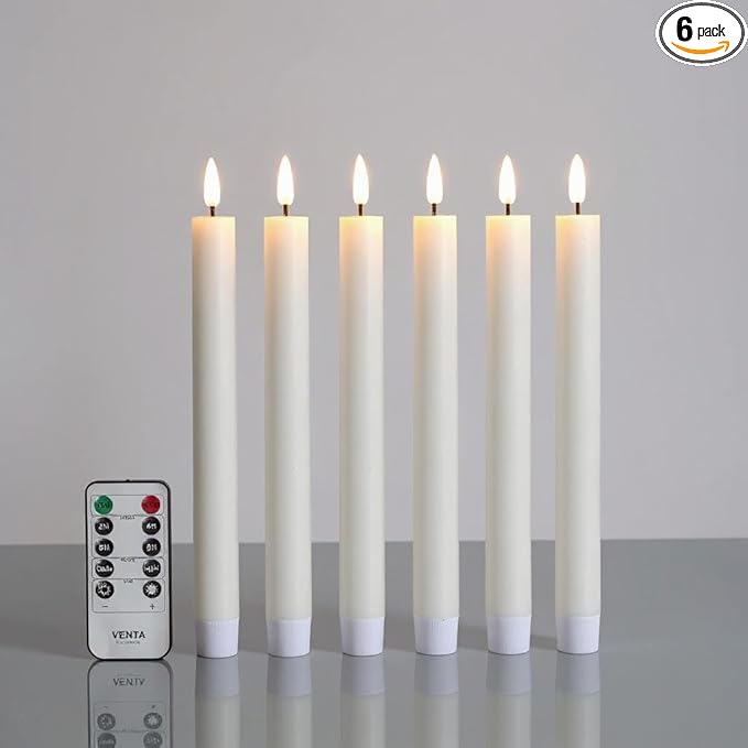 VENTA Set of 6 (10-Inch) Flameless Taper Candles with Remote | Realistic Flickering LED Dinner Candles with Timer | Perfect for Table Centerpieces, Weddings & Holiday Decor (Ivory)