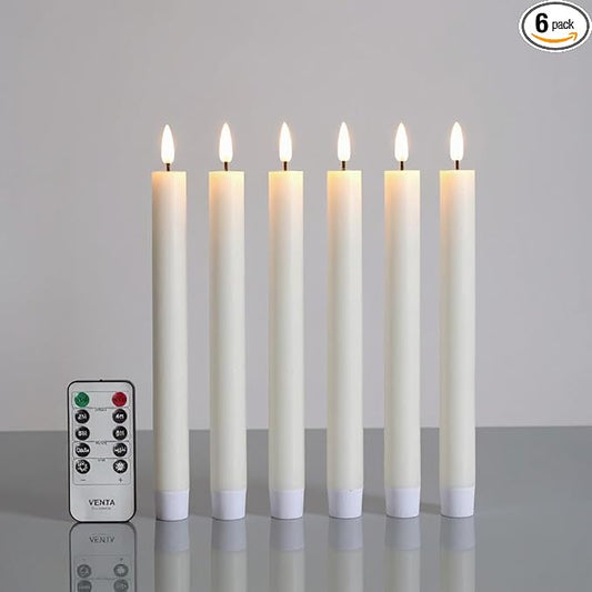 VENTA Set of 6 (10-Inch) Flameless Taper Candles with Remote | Realistic Flickering LED Dinner Candles with Timer | Perfect for Table Centerpieces, Weddings & Holiday Decor (Ivory)