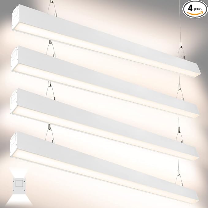 DAKASON 4FT Linkable LED Linear Light, 35W Down 15W Up Light, 3/4/5000K CCT Selectable, Commercial Linear Lighting Fixture for Office, Dimmable Suspended Lighting for School, Market, 4Pack White