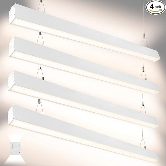 DAKASON 4FT Linkable LED Linear Light, 35W Down 15W Up Light, 3/4/5000K CCT Selectable, Commercial Linear Lighting Fixture for Office, Dimmable Suspended Lighting for School, Market, 4Pack White