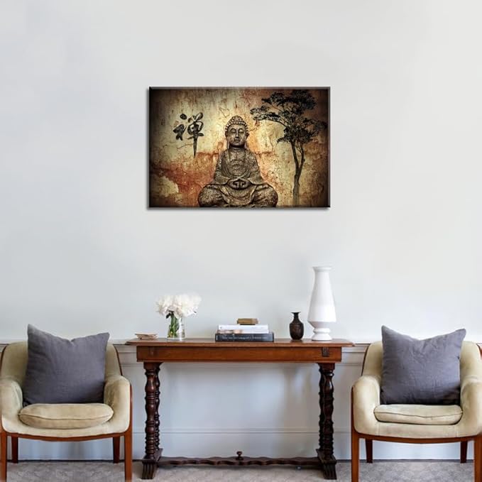 Piy Painting Buddha Canvas Wall Art for Living Room Bedroom Home Decoration, Peaceful Buda Statue Picture Print Painting Decor Giclee Artwork, Gallery Wrapped Gift, Inner Frame 24x36 IN