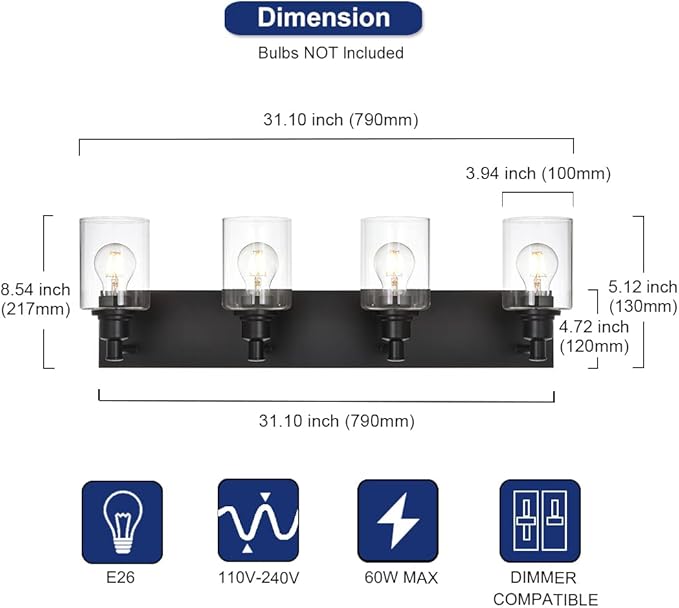 4-Lights Bathroom Vanity Light Fixtures, Black Modern Wall Lighting Over Mirror with Clear Glass Shade (E26 Bulb Base)