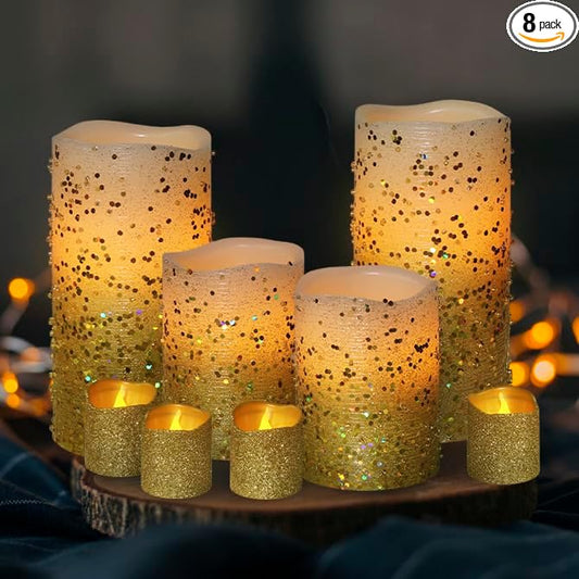 FURORA LIGHTING Gold Glitter LED Candles with Remote and Timer, 4 Pillars and 4 Votives Pack of 8, Real Wax Flameless Flickering Candles for Home Décor, Battery Included