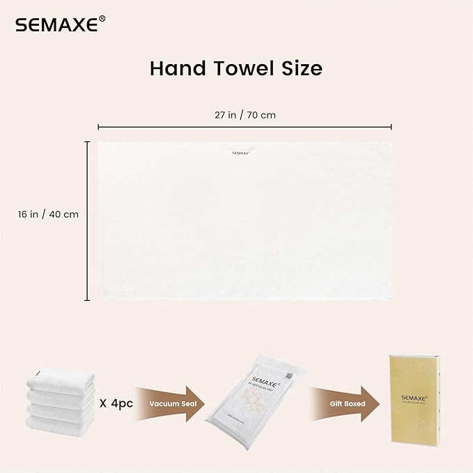 SEMAXE 100% Cotton Hand Towel for Bathroom, White Hand Towels with Hanging Loops, Hotel Spa Quality Absorbent Towels, 27" L x 16" W, 4 Pack Hand Towels, Gift Box Packaging