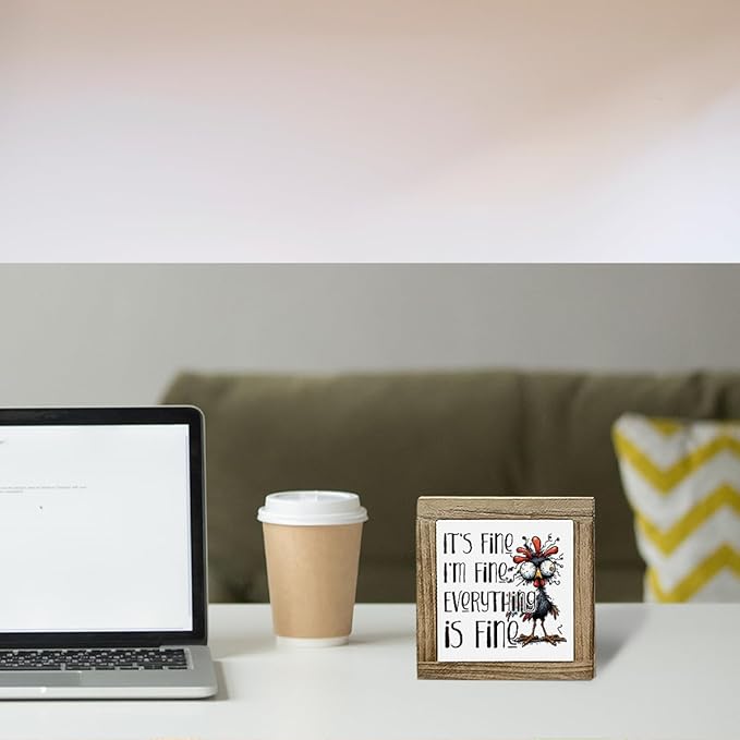 Funny Office Decor, Wood Box Sign, Cranky Chicken It's Fine I'm Fine Everything Is Fine, Office Desktop Decor Sign, Funny Home Desktop Decoration, Farmhouse Home Room Decoration