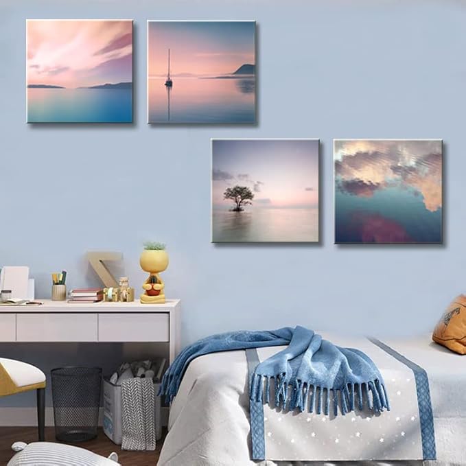 dgbtcart Romantic Sunset Beach Canvas Wall Art - Ocean Pictures Prints Colorful Seascape Painting Artwork for Bedroon Living Room, Bathroom - Office Kitchen Wall Decor 12"x 12" x 4 Panels