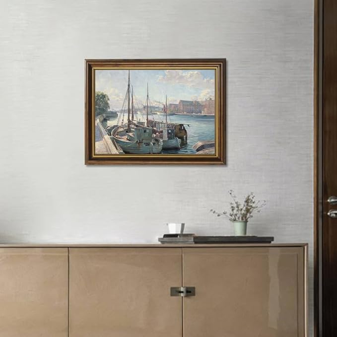 Yihaca Framed Canvas Prints Art Vintage Decor, Boats moored at a quay Canvas Prints Wall Decorations, Home Office Farmhouse Bathroom Decor-12''x16''in Vintage Brown Framed