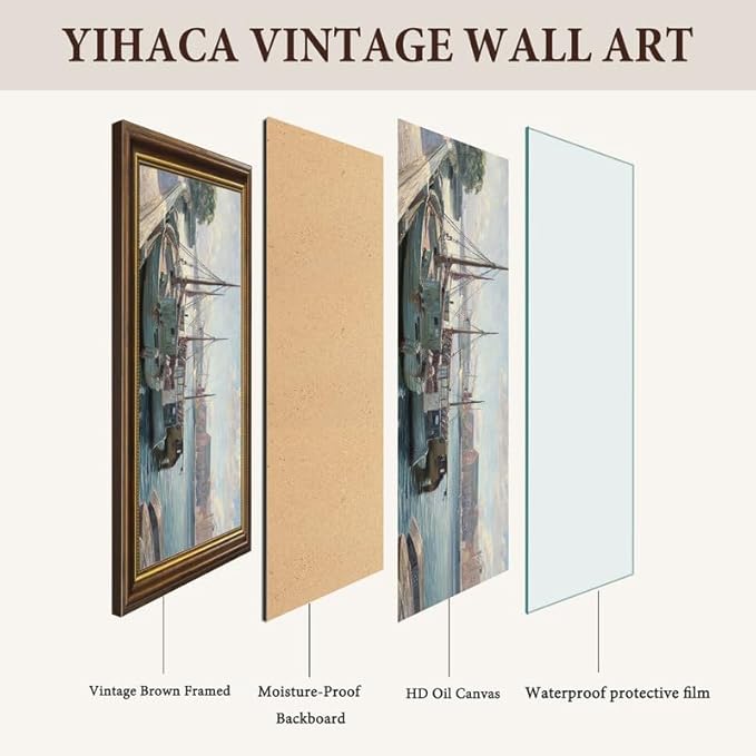 Yihaca Framed Canvas Prints Art Vintage Decor, Boats moored at a quay Canvas Prints Wall Decorations, Home Office Farmhouse Bathroom Decor-12''x16''in Vintage Brown Framed