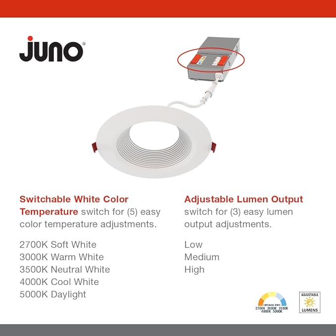 Juno Canless LED Wafer Light, Round Wafer Downlight, 5-in-1 Switchable White Color Temperature, Adjustable Brightness, Deep Regressed Baffled Trim, 4-Inch, White (WF4 Dreg B ALO19 SWW5 90CRI MW M6)