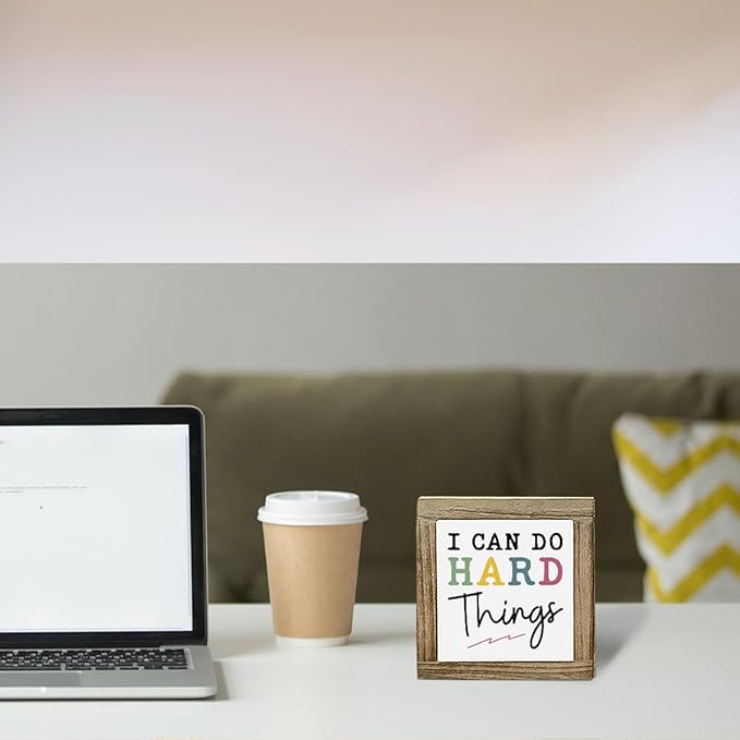 I Can Do Hard Things Sign, Inspirational Deocr, Wood Box Decor Desktop, Motivational Gift For Man Women, Sarcastic Positive Affirmations Decor, Farmhouse Home Office Decoration