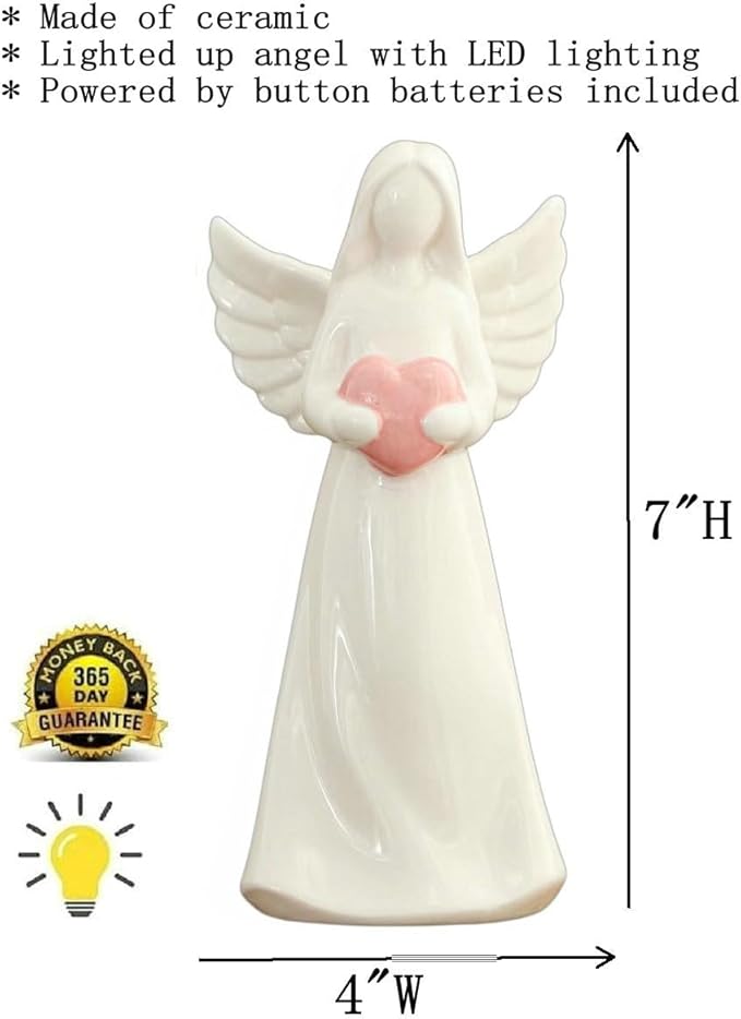 ADAVAS.Y&G Porcelain Lighted Angel Figurine with Pink Heart, Best for Your Loved one 7" H