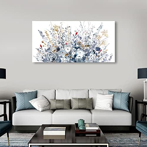 Flowers Canvas Wall Art for Living Room Wall Decor Indigo Floral Canvas Painting Watercolor Plants Pictures Vintage Botanical Flower Canvas Artwork for Bedroom Office Home Wall Decorations 29" x 58"