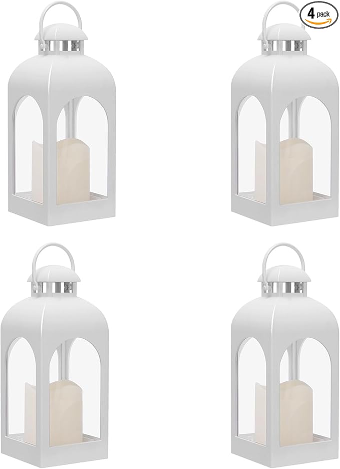 Decor Modern Farmhouse Lantern Decor Set of 4, Black Metal Small Candle Lanterns, Wooden Lanterns Decorative w/Timer & Remote-Controlled Flickering Candles for Home, Indoor, Table (White)