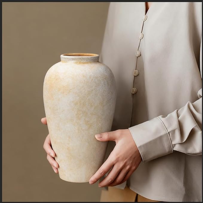 Ceramic Flower Vase Home Decor - 9.2 inch Large Farmhouse Table Vases, Rustic Decorative Vases for Kitchen Living Room Coffee Dining ShelfMantel Decoration