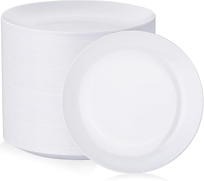 Nervure 100Pcs White Plastic Plates - 10.25inch Disposable White Dinner Plates - Heavy Duty Plastic Plate Ideal for Wedding & Party