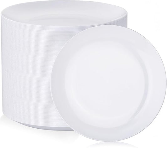 Nervure 100Pcs White Plastic Plates - 10.25inch Disposable White Dinner Plates - Heavy Duty Plastic Plate Ideal for Wedding & Party