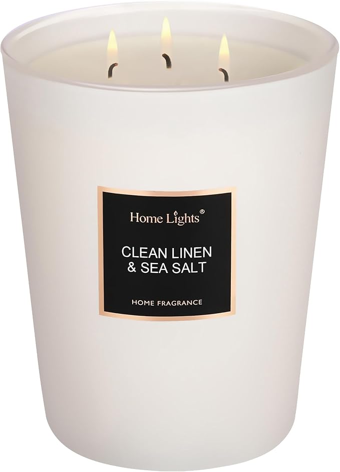 HomeLights Scented Candles - Large Jar Aromatherapy, Natural Soy Wax, 130 Hour Long Burning, Clean Linen & Sea Salt