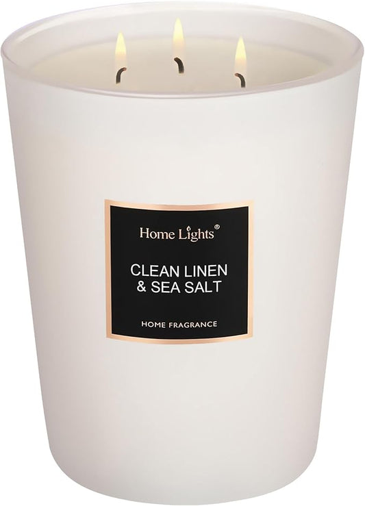 HomeLights Scented Candles - Large Jar Aromatherapy, Natural Soy Wax, 130 Hour Long Burning, Clean Linen & Sea Salt