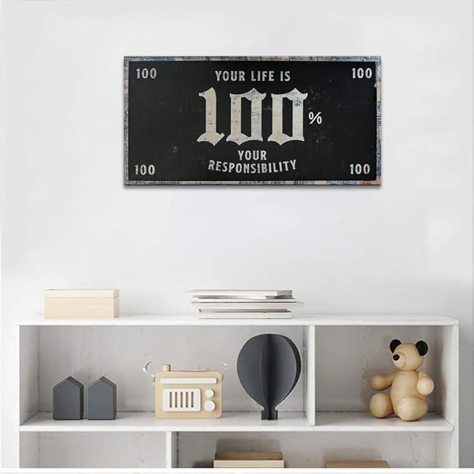 Black and White Motivational Canvas Artwork Contemporary Entrepreneur Office Wall Decor Inspirational Sayings Your Life is 100% Your Responsibility for Study Room Classroom Framed Art-40 Wx20 H