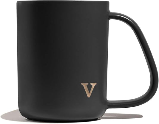 COLLECTIVE HOME - Ergonomic Handle Ceramic Mug, 15 oz Personalized Coffee Cup with Golden Initial, Microwave & Dishwasher Safe, Elegant Monogram Tea Mug in Gift Box for Home & Office (Black-v)