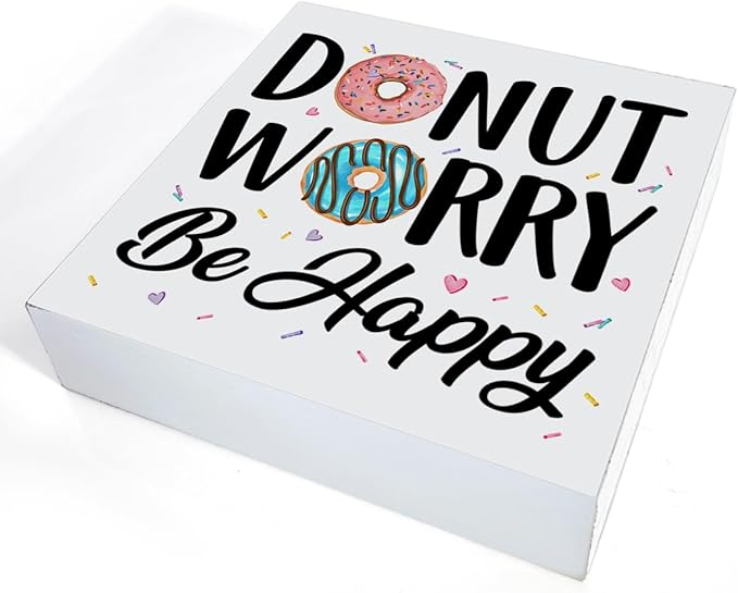 Funny Kitchen Decor Donut Worry Be Happy Wood Block Sign Home Kitchen Desk Table Shelf Decoration