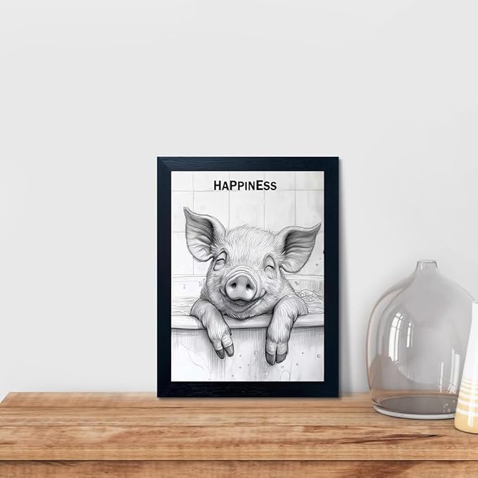 Minimalist Bathroom Wall Decor, Happy Pig Wall Art in Picture Frames, Hilarious, Fun Bathroom Animal Art, Black and White Canvas Prints can be Hung Directly - Frame, 11 "x 14